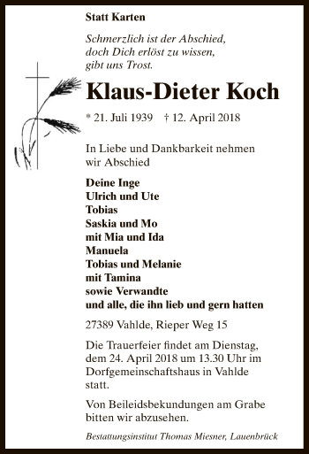 Traueranzeige von Klaus-Dieter Koch von SYK