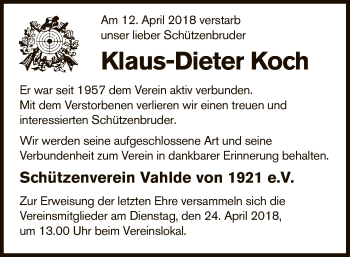 Traueranzeige von Klaus-Dieter Koch von SYK