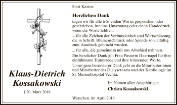 Traueranzeige von Klaus-Dietrich Kossakowski von SYK