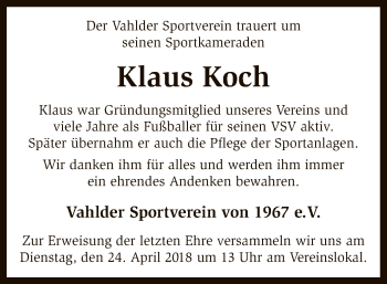 Traueranzeige von Klaus Koch von SYK