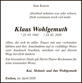 Traueranzeige von Klaus Wohlgemuth von SYK