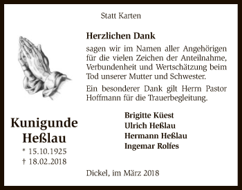 Traueranzeige von Kunigunde Heßlau von SYK