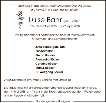 Traueranzeige von Luise Bahr von SYK
