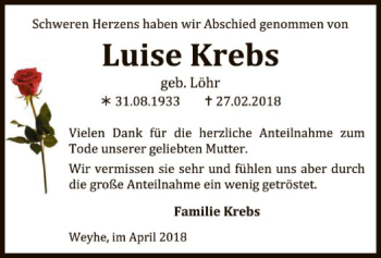 Traueranzeige von Luise Krebs von SYK