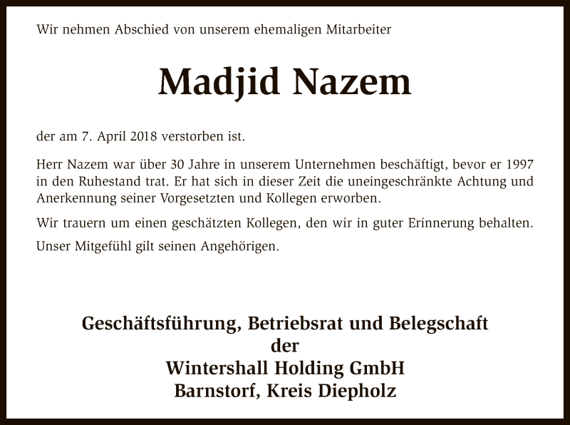  Traueranzeige für Madjid Nazem vom 14.04.2018 aus SYK