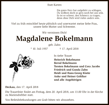 Traueranzeige von Magdalene Bokelmann von SYK