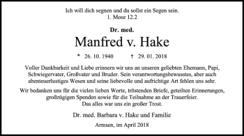 Traueranzeige von Manfred  von Hake von SYK