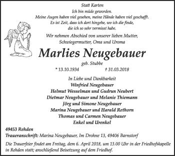 Traueranzeige von Marlies Neugebauer von SYK