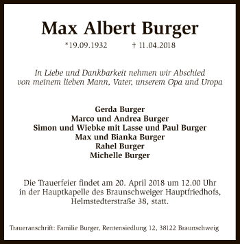 Traueranzeige von Max Albert Burger von SYK