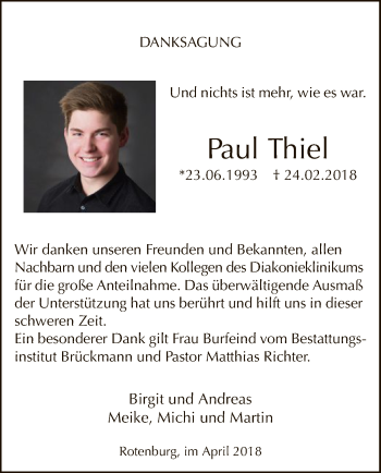 Traueranzeige von Paul Thiel von SYK