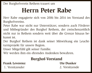 Traueranzeige von Peter Rabe von SYK