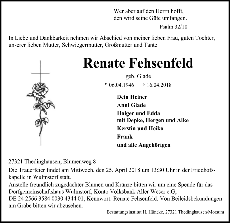  Traueranzeige für Renate Fehsenfeld vom 19.04.2018 aus SYK