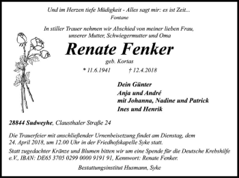 Traueranzeige von Renate Fenker von SYK