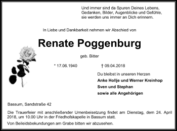 Traueranzeige von Renate Poggenburg von SYK