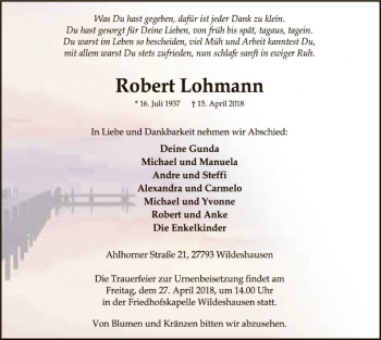 Traueranzeige von Robert Lohmann von SYK