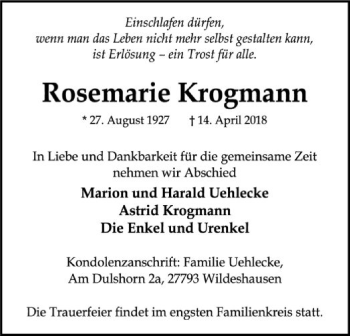 Traueranzeige von Rosemarie Krogmann von SYK