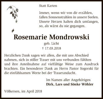 Traueranzeige von Rosemarie Mondrowski von SYK