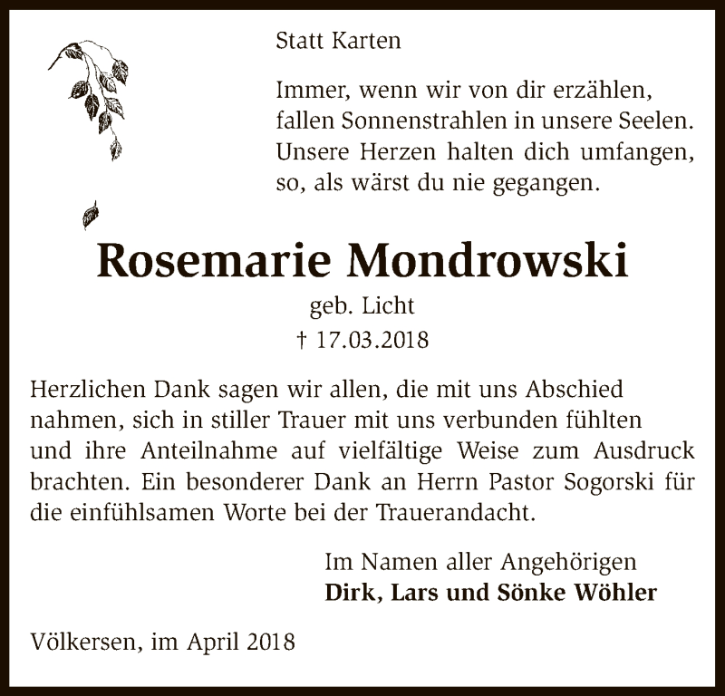  Traueranzeige für Rosemarie Mondrowski vom 20.04.2018 aus SYK