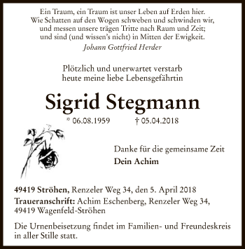 Traueranzeige von Sigrid Stegmann von SYK