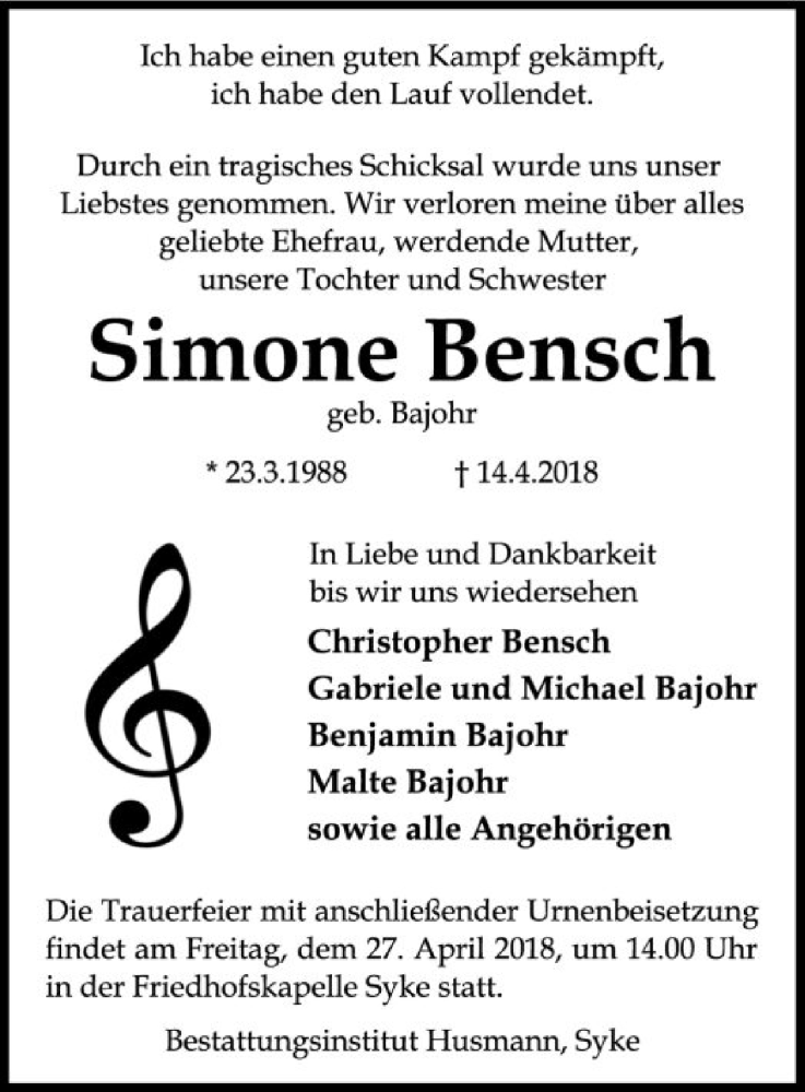  Traueranzeige für Simone Bensch vom 21.04.2018 aus SYK