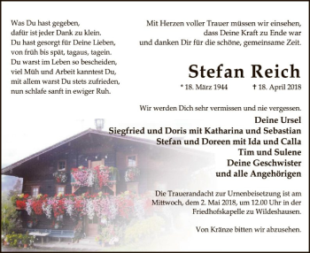 Traueranzeige von Stefan Reich von SYK