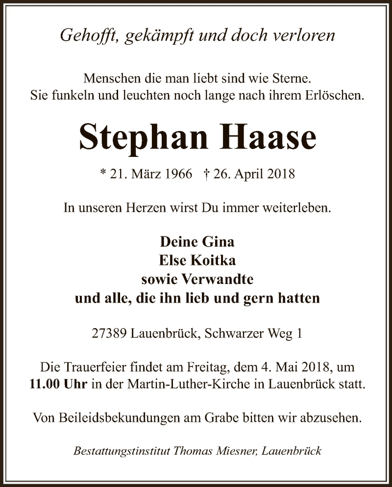  Traueranzeige für Stephan Haase vom 27.04.2018 aus SYK