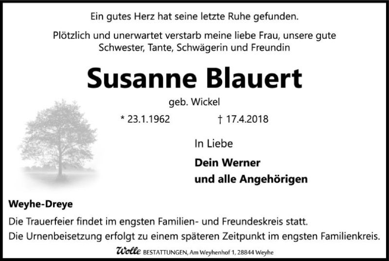  Traueranzeige für Susanne Blauert vom 21.04.2018 aus SYK