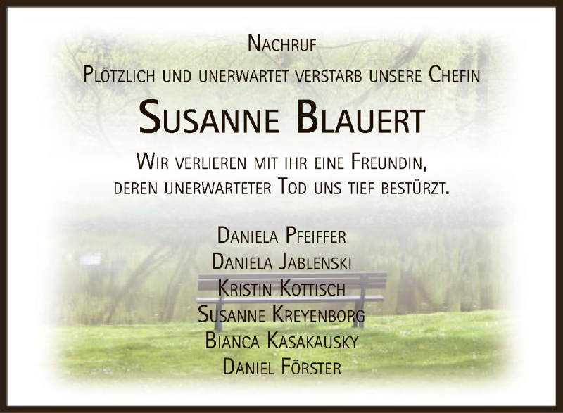  Traueranzeige für Susanne Blauert vom 23.04.2018 aus SYK