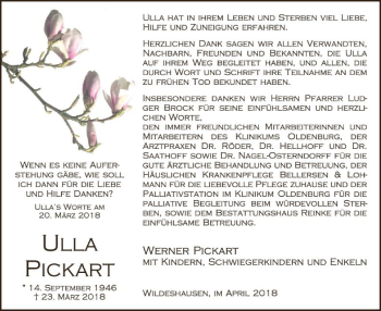 Traueranzeige von Ulla Pickart von SYK