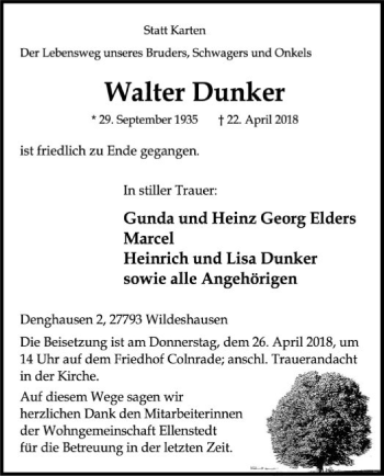 Traueranzeige von Walter Dunker von SYK