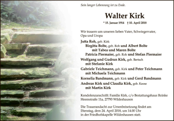 Traueranzeige von Walter Kirk von SYK