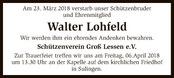 Traueranzeige von Walter Lohfeld von SYK