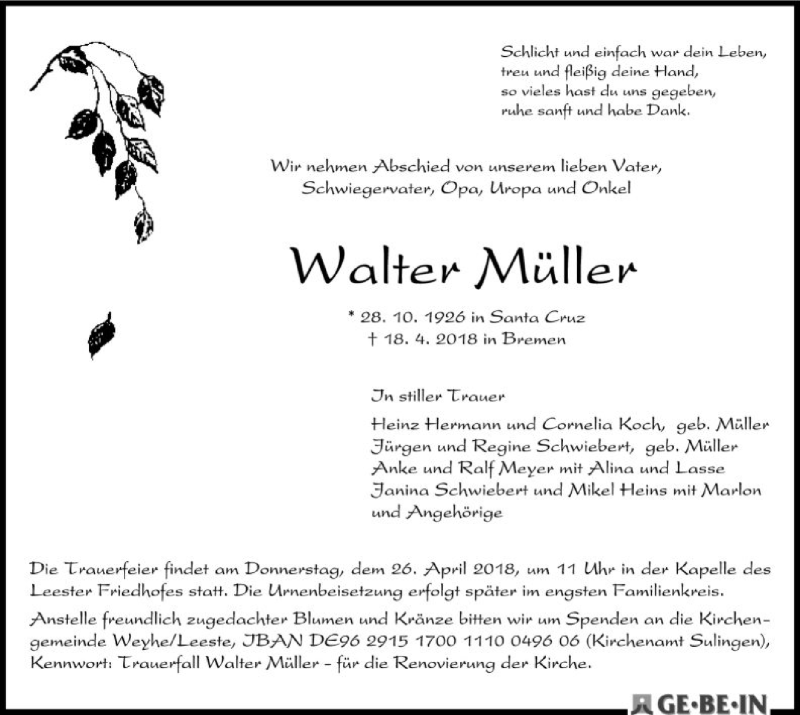 Traueranzeige für Walter Müller vom 21.04.2018 aus SYK