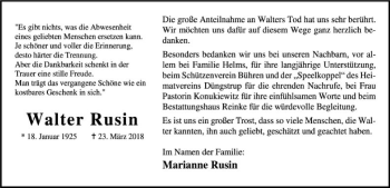 Traueranzeige von Walter Rusin von SYK