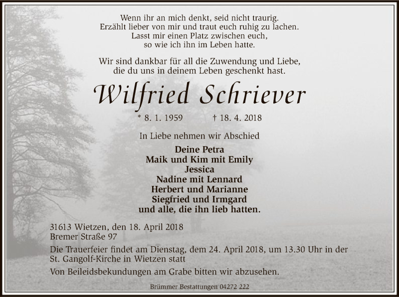  Traueranzeige für Wilfried Schriever vom 20.04.2018 aus SYK