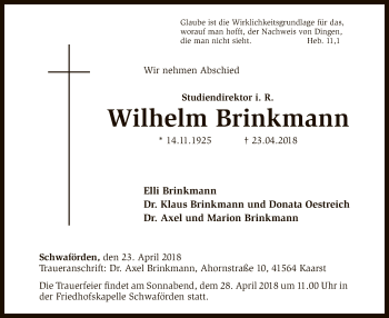 Traueranzeige von Wilhelm Brinkmann von SYK