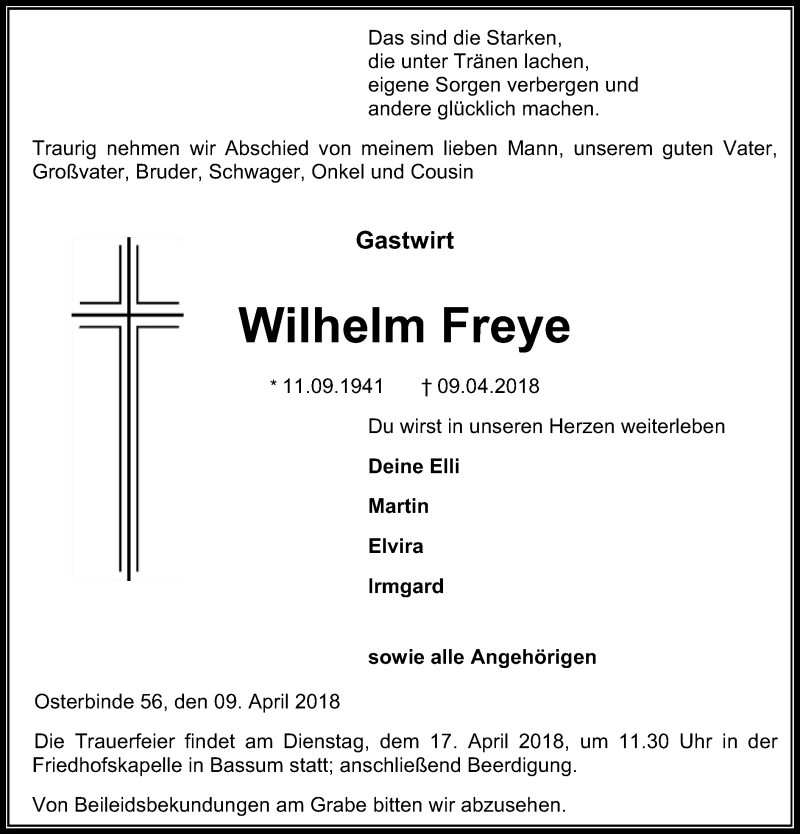  Traueranzeige für Wilhelm Freye vom 12.04.2018 aus SYK