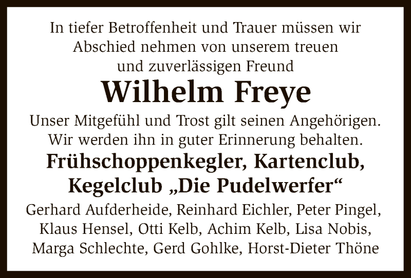  Traueranzeige für Wilhelm Freye vom 13.04.2018 aus SYK