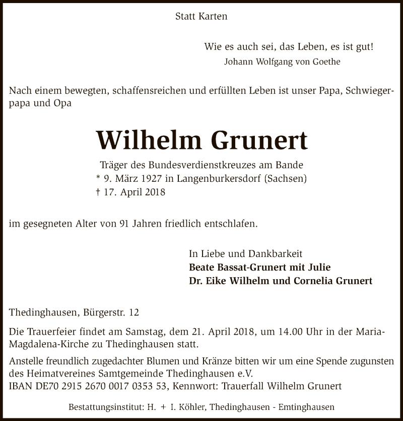  Traueranzeige für Wilhelm Grunert vom 19.04.2018 aus SYK