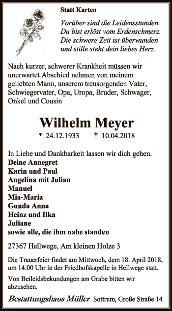 Traueranzeige von Wilhelm Meyer von SYK