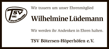 Traueranzeige von Wilhelmine Lüdemann von SYK