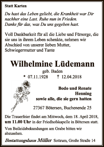 Traueranzeige von Wilhelmine Lüdemann von SYK