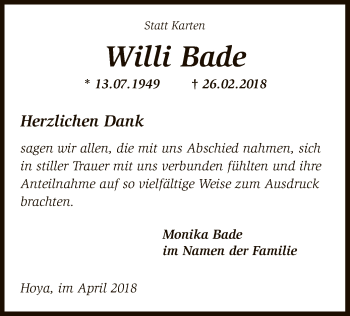 Traueranzeige von Willi Bade von SYK