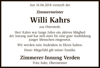 Traueranzeige von Willi Kahrs von SYK