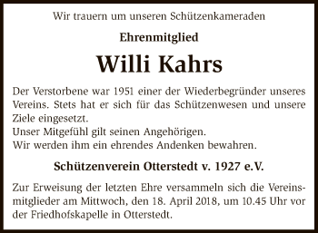 Traueranzeige von Willi Kahrs von SYK