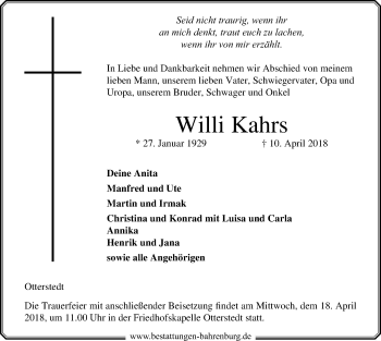 Traueranzeige von Willi Kahrs von SYK