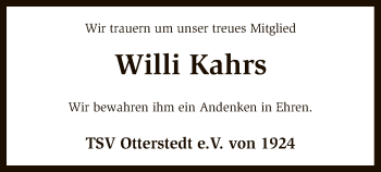 Traueranzeige von Willi Kahrs von SYK