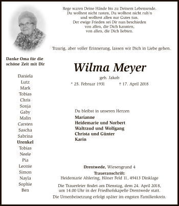 Traueranzeige von Wilma Meyer von SYK