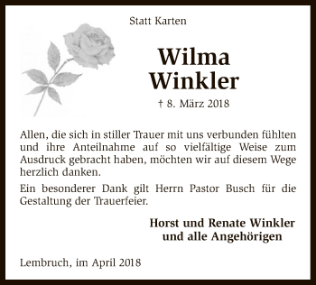 Traueranzeige von Wilma Winkler von SYK