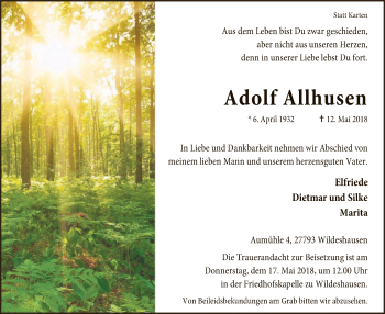 Traueranzeige von Adolf Allhusen von SYK